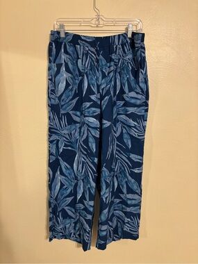 Weekend Susan Graver Blue Tropical Leaf Pull On Pants Medium